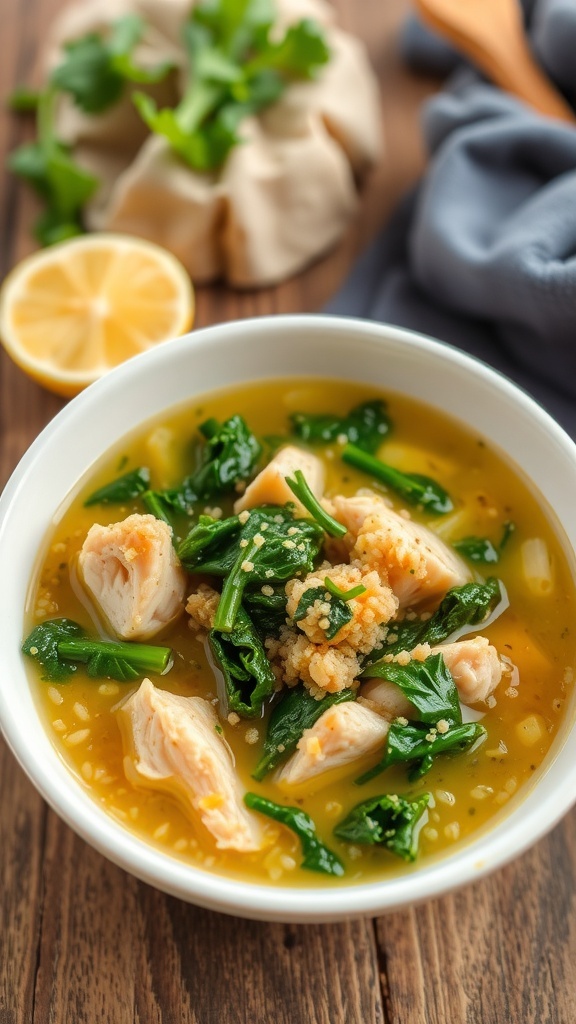 A hearty bowl of quinoa chicken and kale soup with chicken, quinoa, and kale in broth, garnished with herbs and lemon.